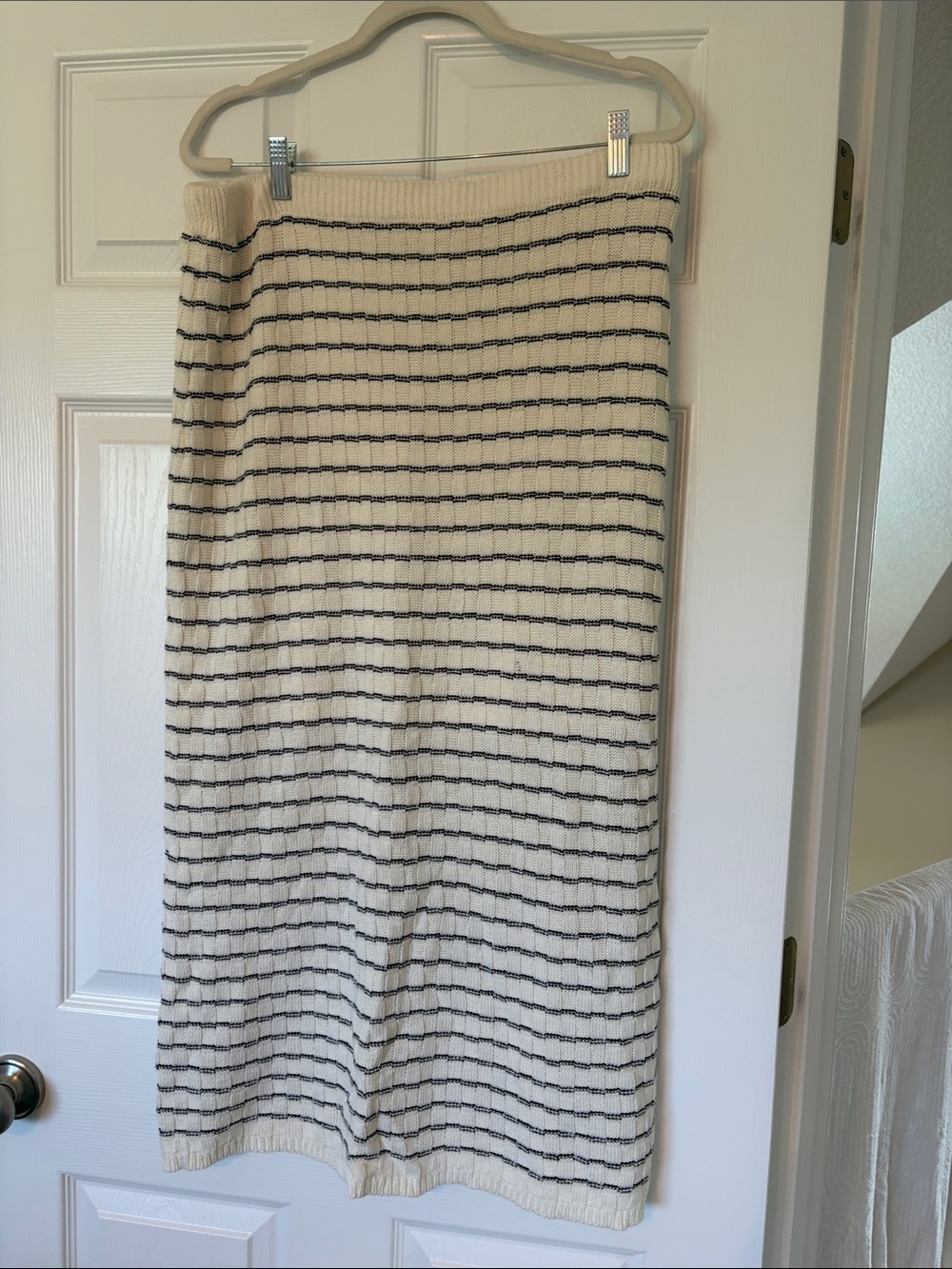 Cream and Black Striped Knit Midi Skirt
